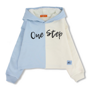 Girls Cotton Hoodie – Baby Blue & Off-White with "One Step" Print