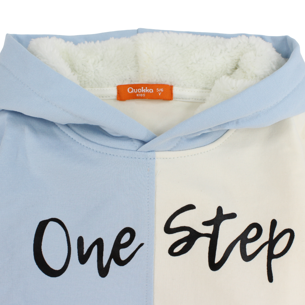 Girls Cotton Hoodie – Baby Blue & Off-White with "One Step" Print