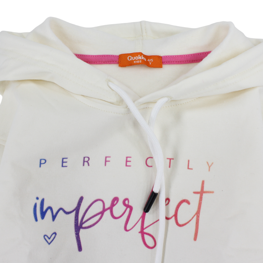 Girls Cotton Hoodie – Off-White with "Perfectly Imperfect" Design