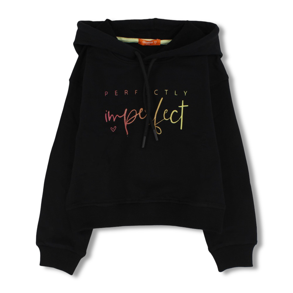 Girls Cotton Hoodie – Black with "Perfectly Imperfect" Design