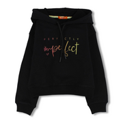 Girls Cotton Hoodie – Black with "Perfectly Imperfect" Design