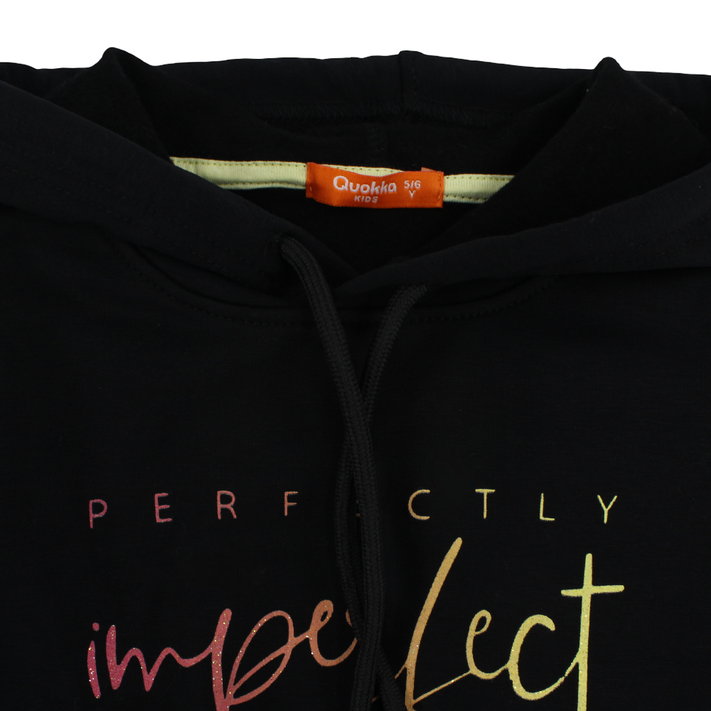 Girls Cotton Hoodie – Black with "Perfectly Imperfect" Design