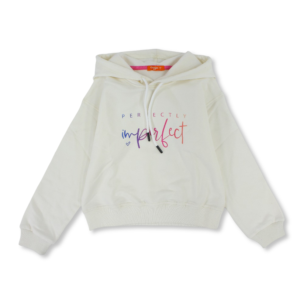 Girls Cotton Hoodie – Off-White with "Perfectly Imperfect" Design