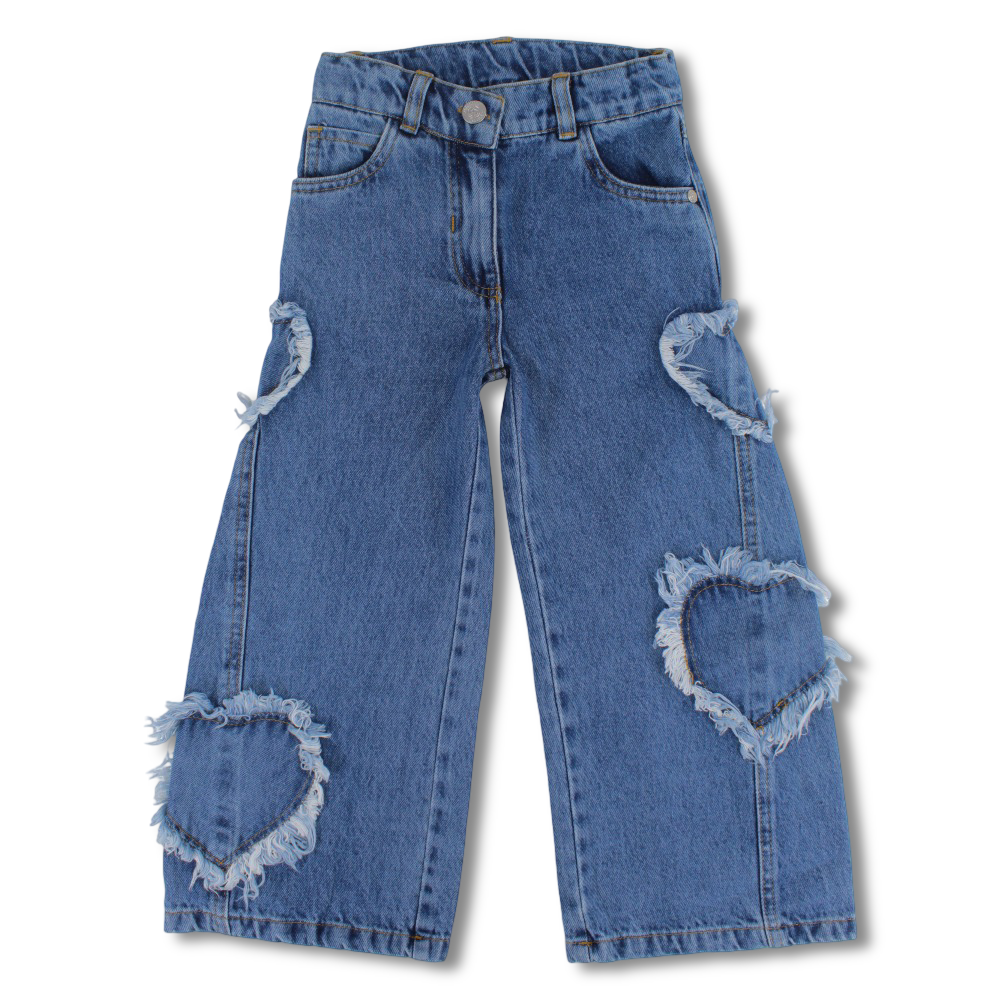 Girls Wide Leg Denim Pants - Hearts Design