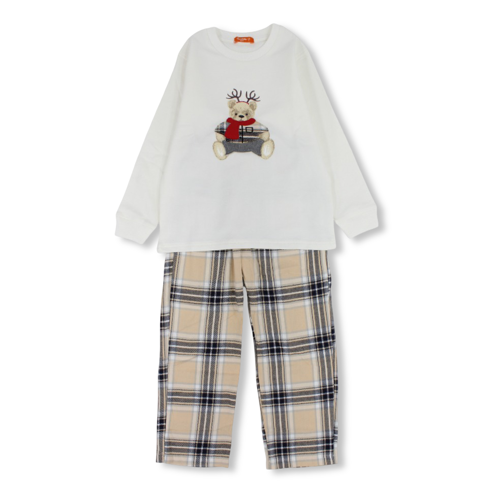 Boys Cotton 2-Piece Outfit Set – Off-White with Bear Design