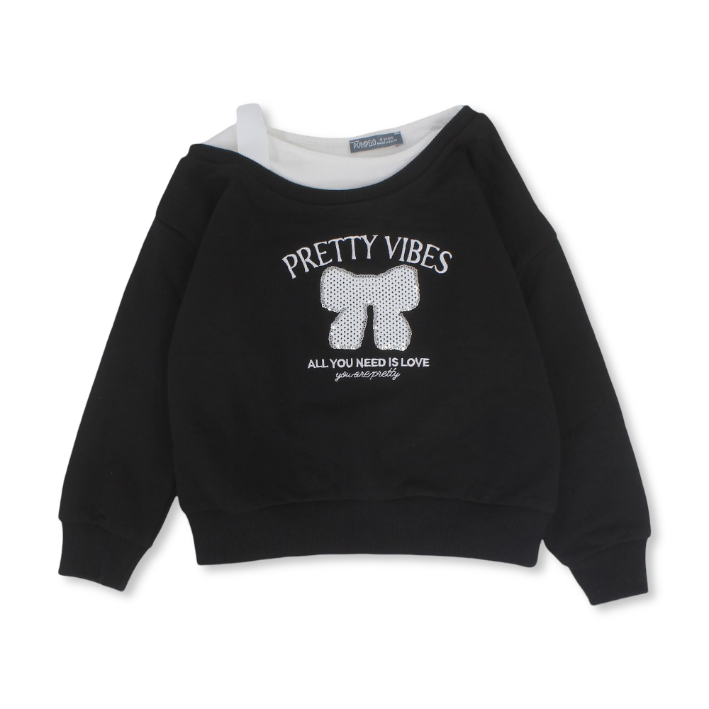 Girls Cotton Blouse – Black with "Pretty Vibes" Embroidery