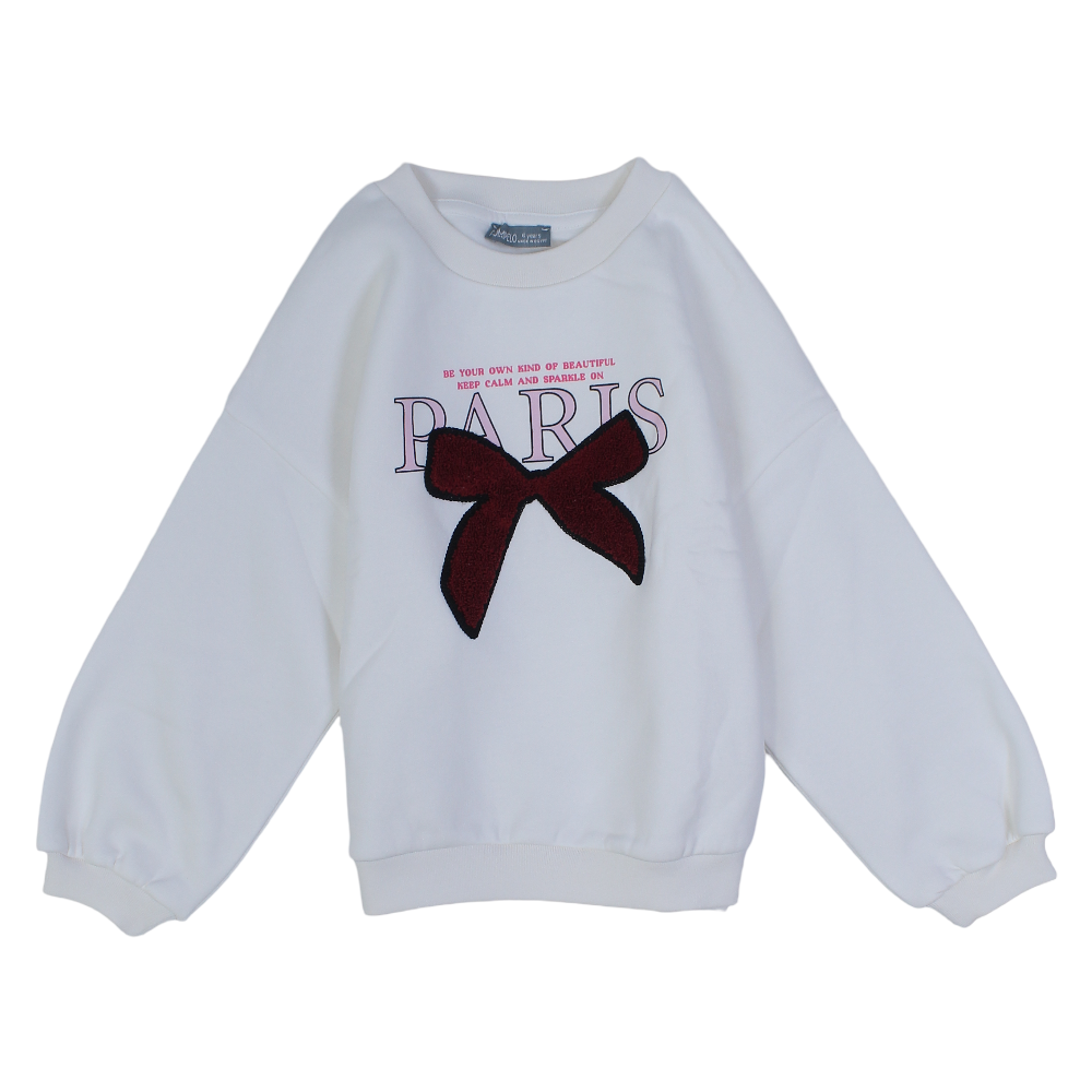 Girls Cotton Sweatshirt – Off-White with Bow