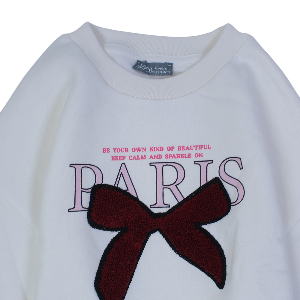 Girls Cotton Sweatshirt – Off-White with Bow