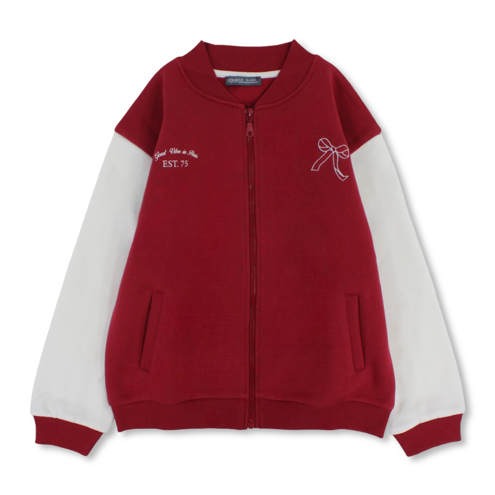 Girls Cotton Jacket – Maroon with White Sleeves & Bow Print