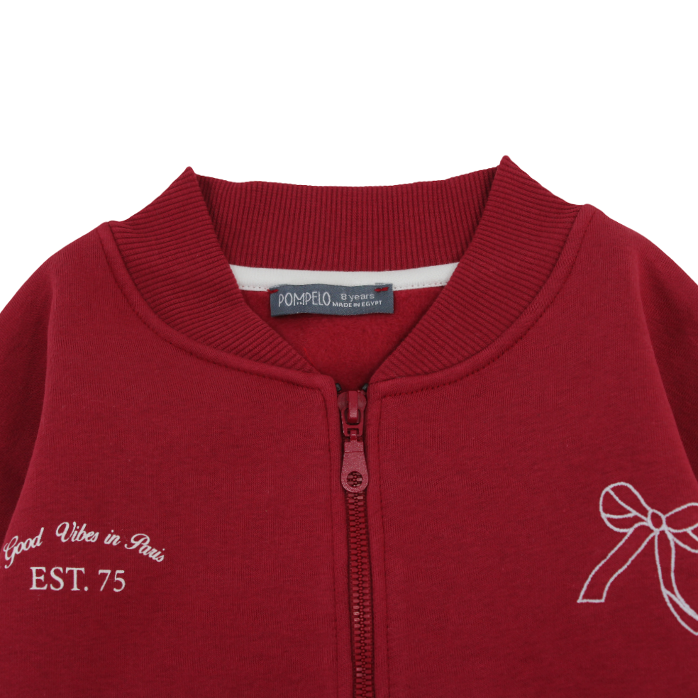 Girls Cotton Jacket – Maroon with White Sleeves & Bow Print