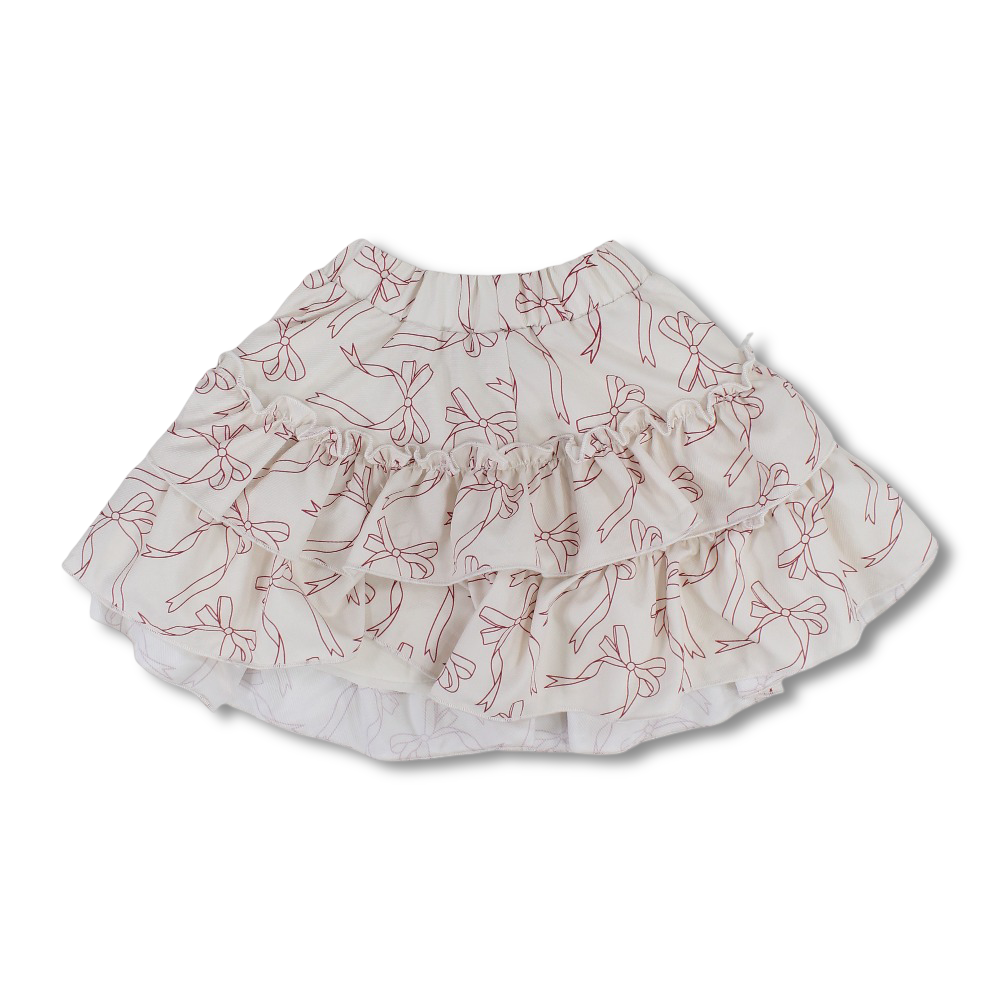 Girls Cotton Ruffled Skirt – Off-white with Cute Bows Print