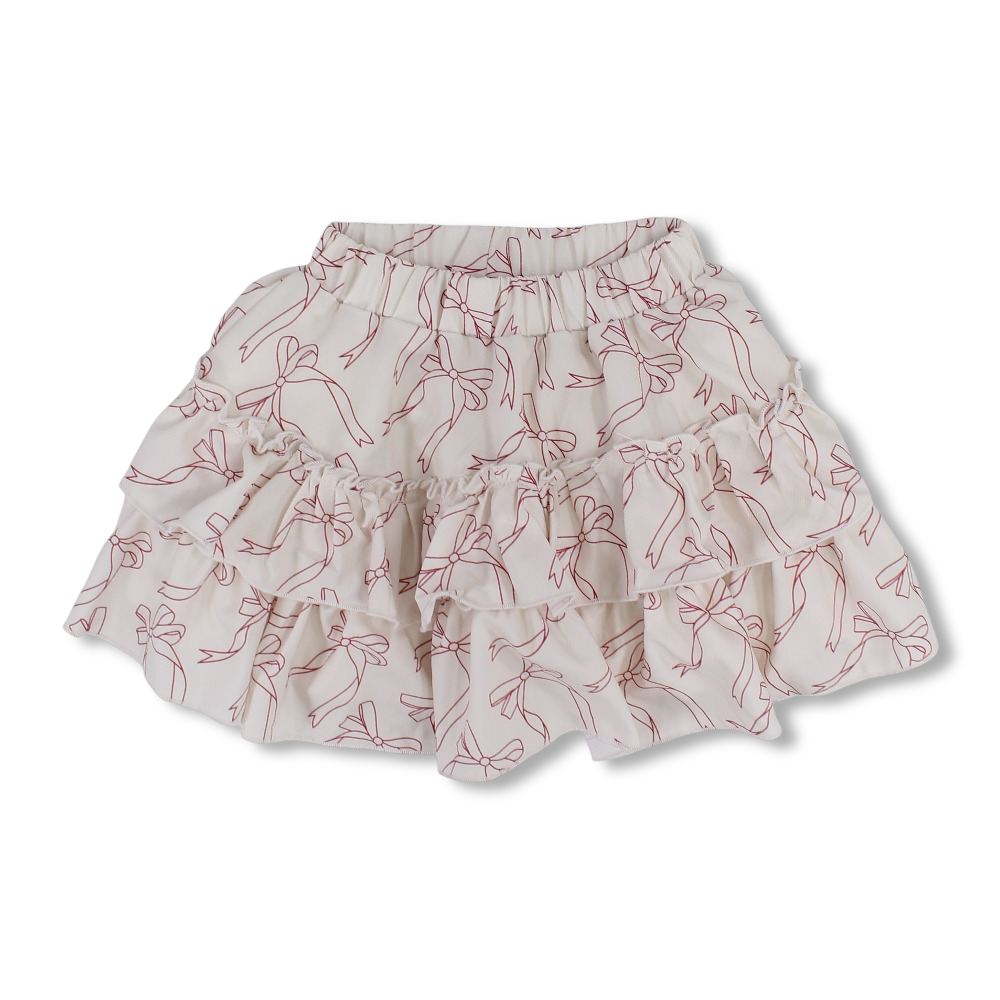 Girls Cotton Ruffled Skirt – Off-white with Cute Bows Print