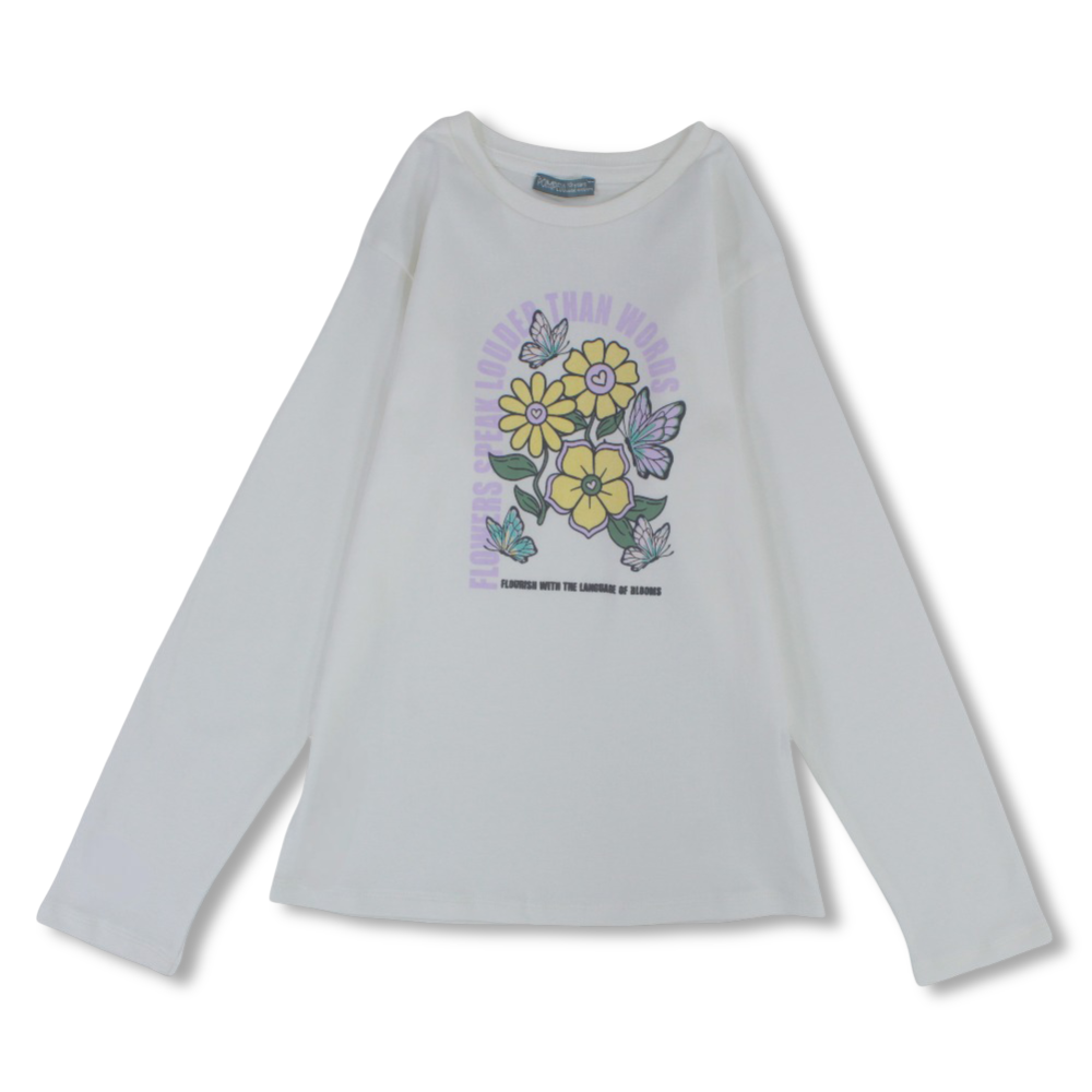Girls Cotton T-Shirt – Off-White with Flowers Print