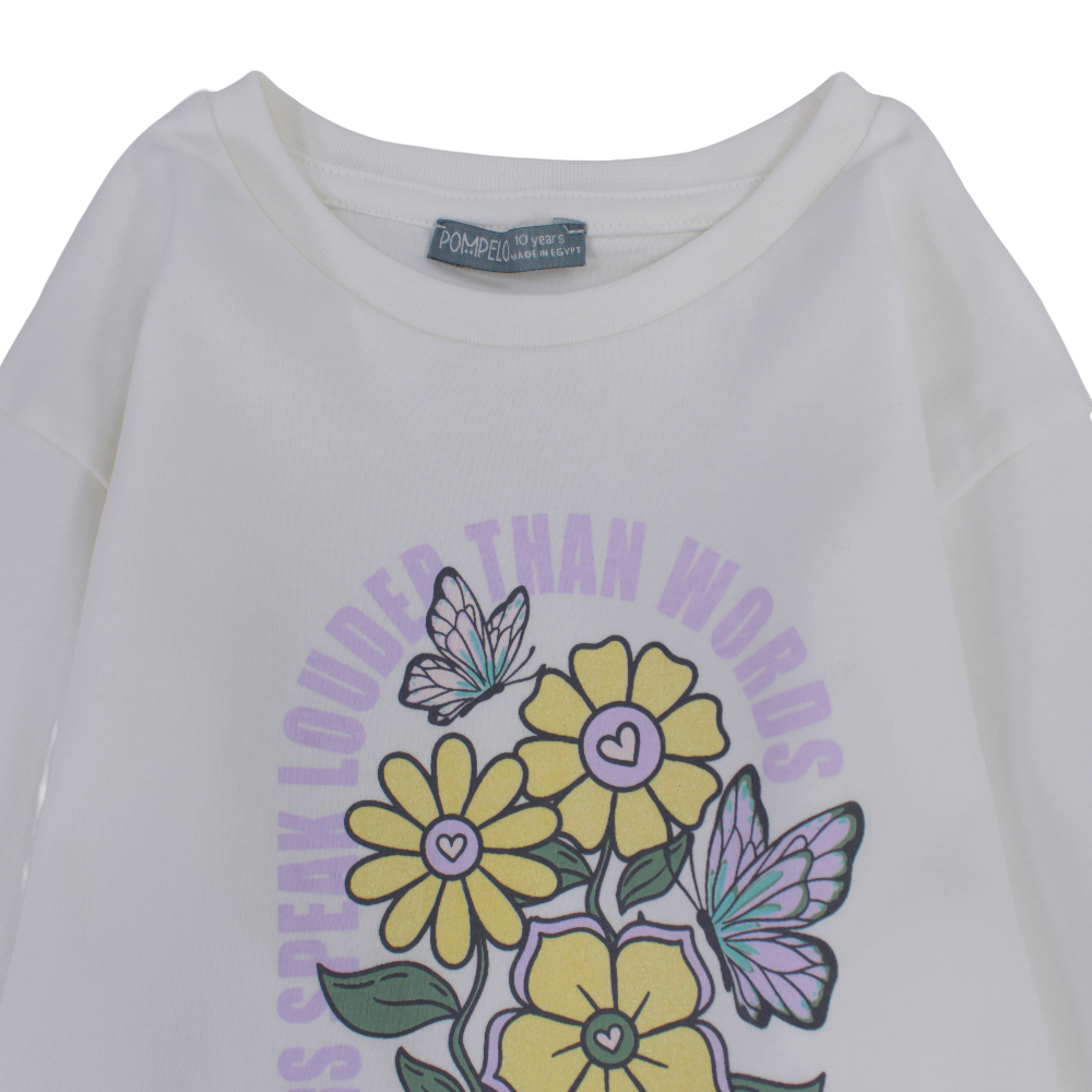 Girls Cotton T-Shirt – Off-White with Flowers Print
