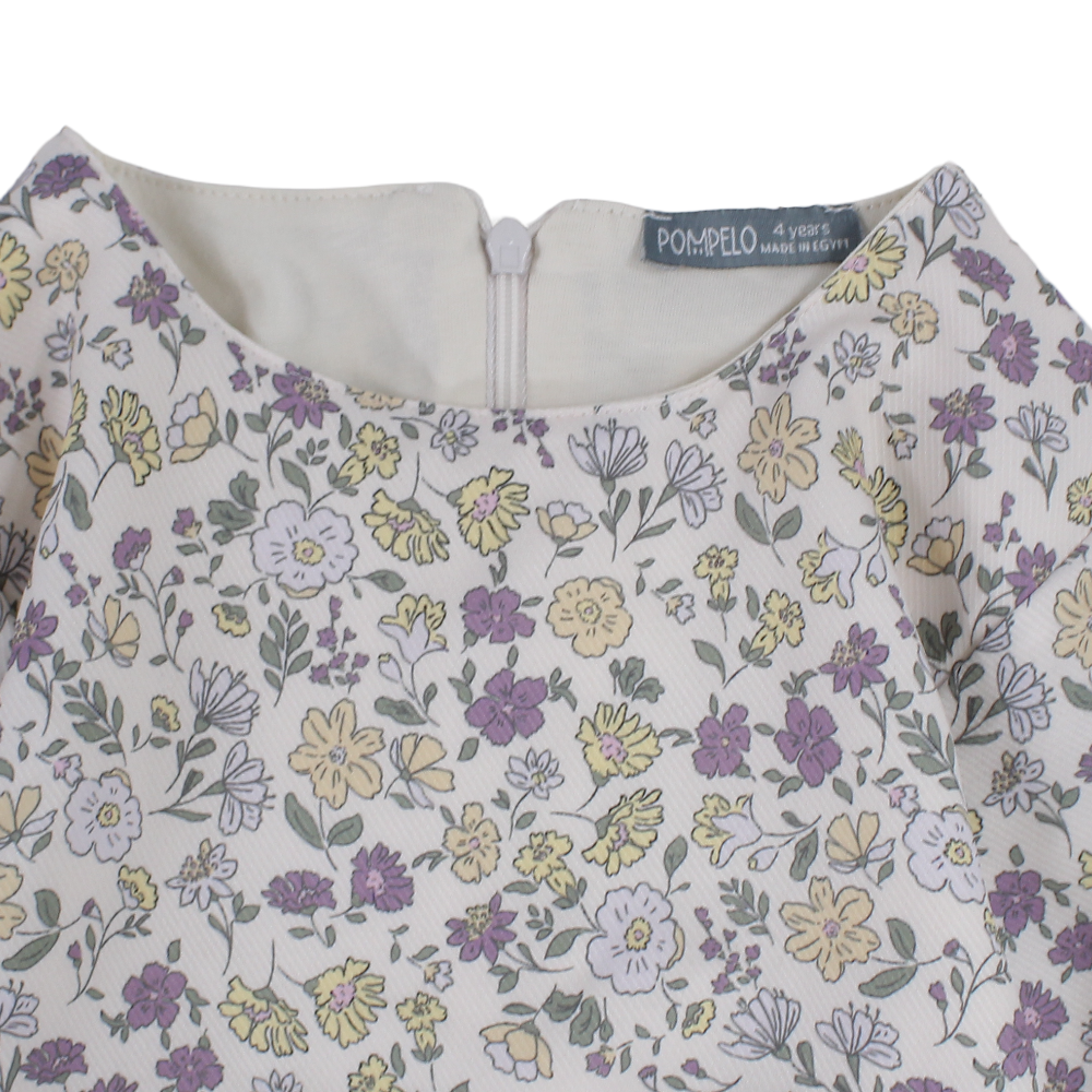 Girls Cotton Dress – Off-White with Floral Print