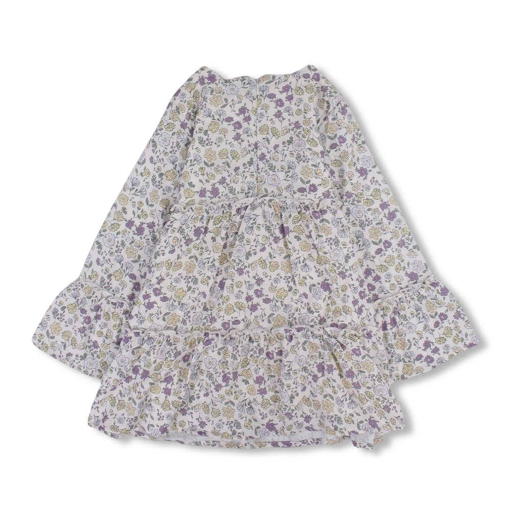 Girls Cotton Dress – Off-White with Floral Print