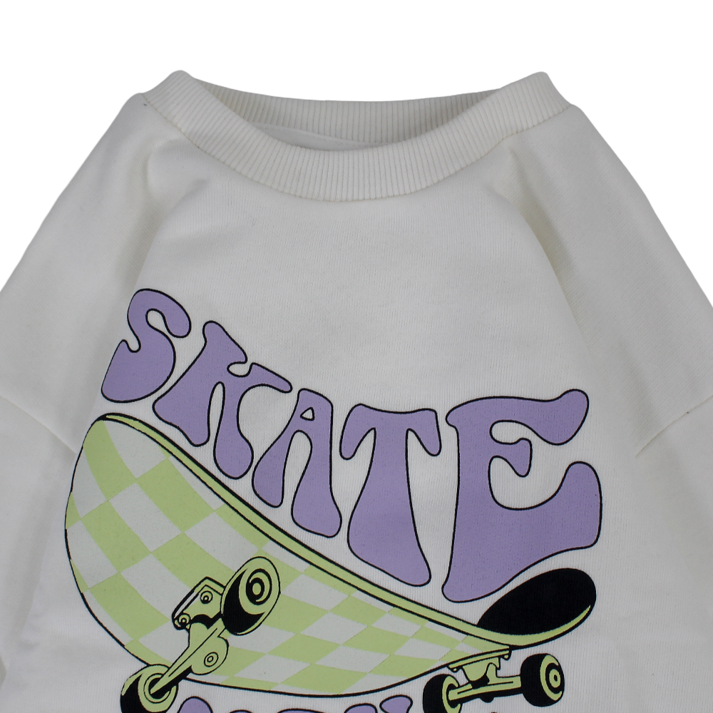 Boys Cotton Sweatshirt - Off-white with Skateboard Print