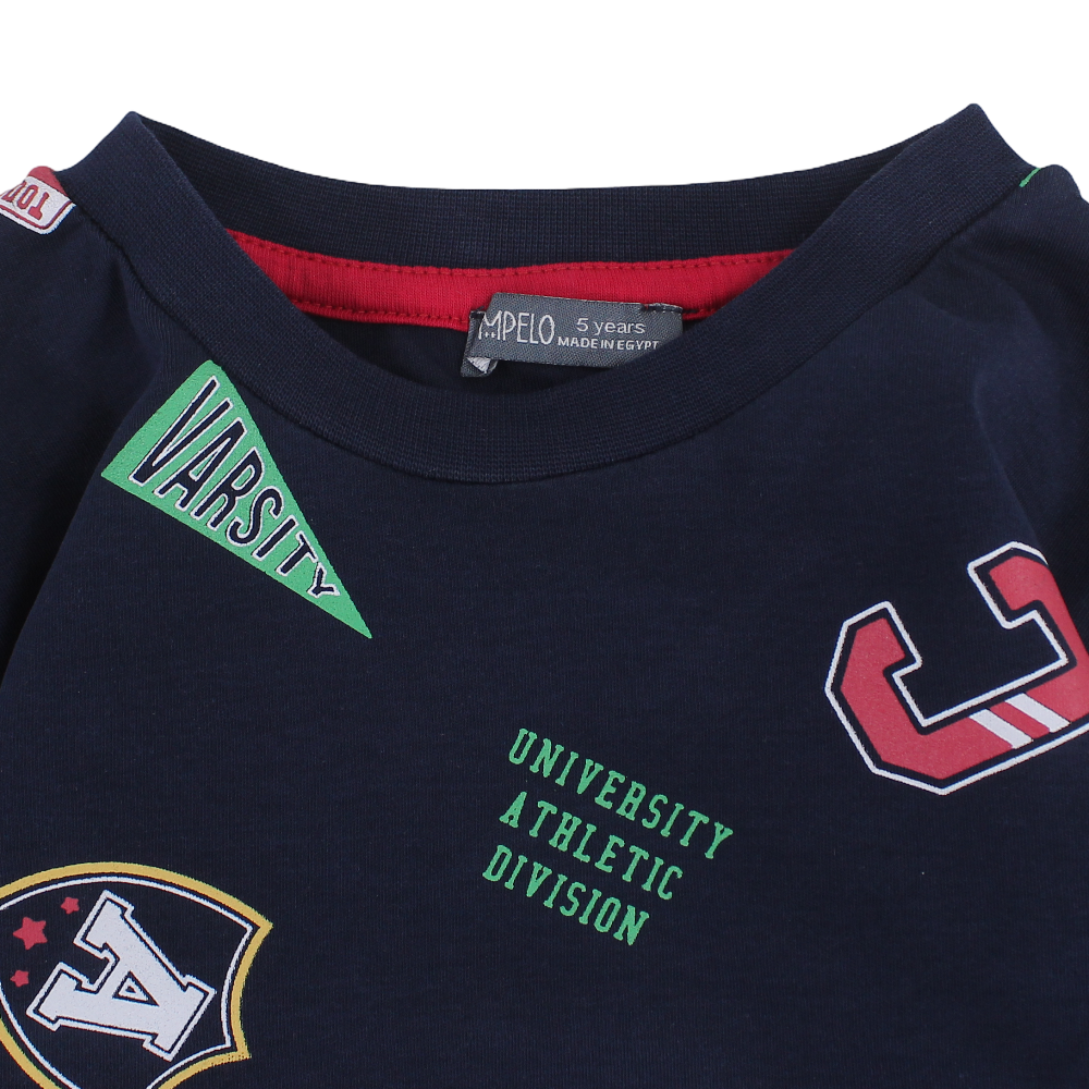 Boys Cotton Long Sleeved Sweatshirt – Navy with Badges Print