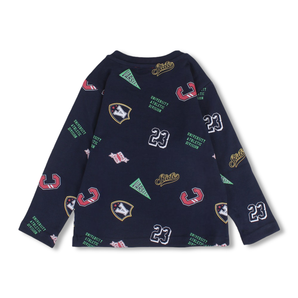 Boys Cotton Long Sleeved Sweatshirt – Navy with Badges Print