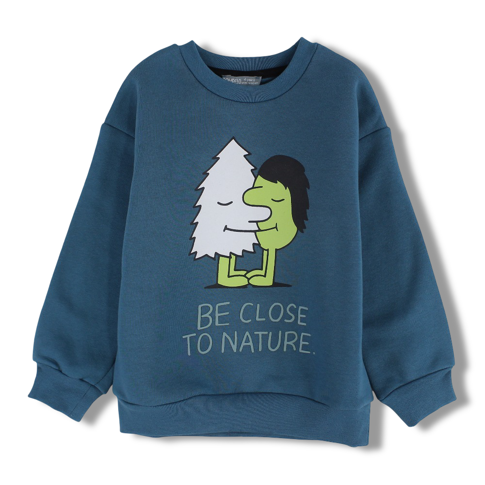 Boys Cotton Sweatshirt – Petroleum Blue with “Be Close to Nature” Print