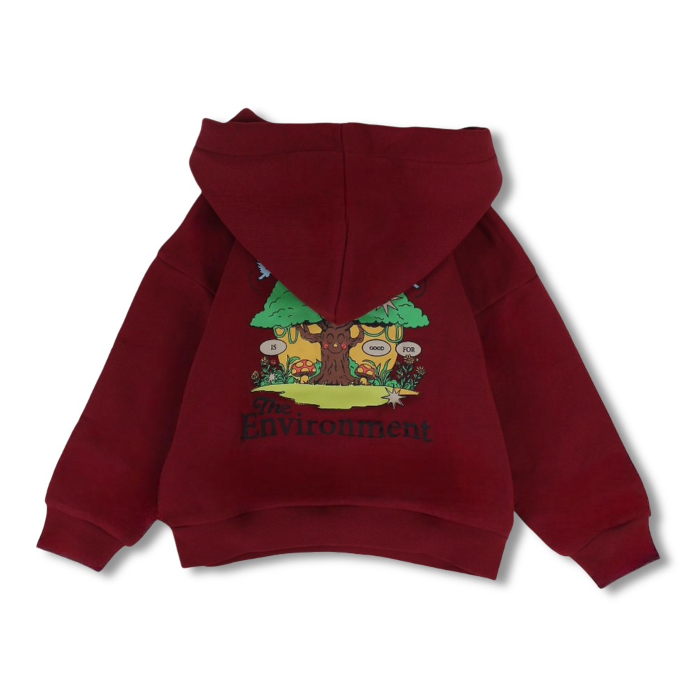 Boys Cotton Hoodie - Maroon with Environment Print