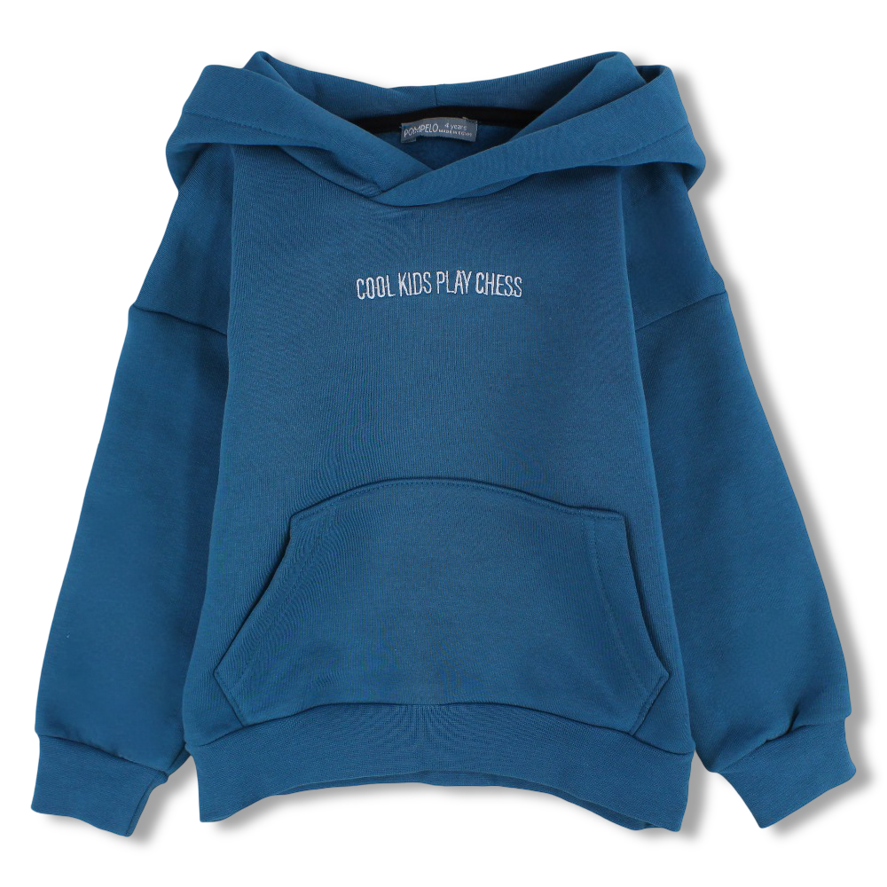 Boys Cotton Hoodie – Petroleum Blue with "Cool Kids Play Chess" Design