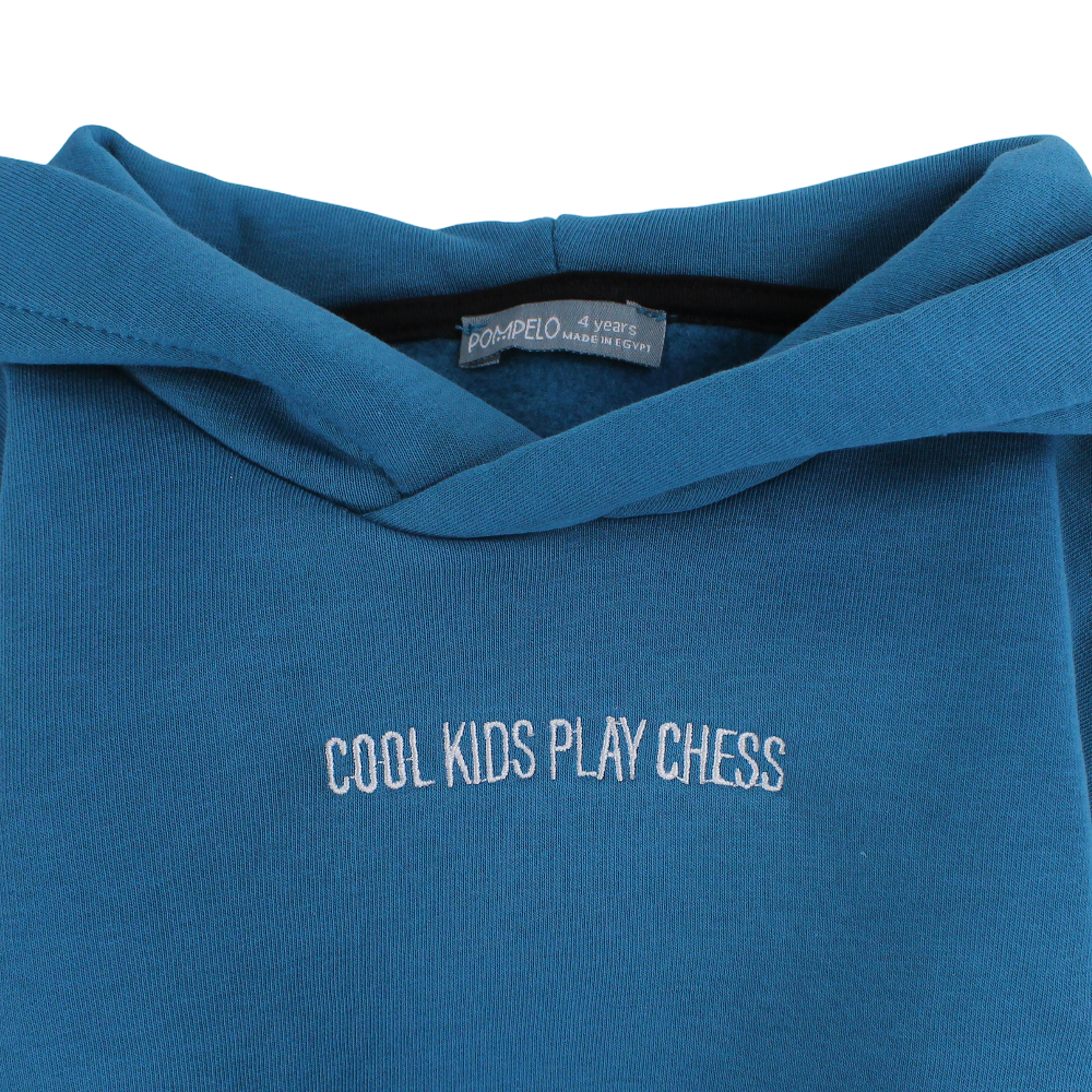 Boys Cotton Hoodie – Petroleum Blue with "Cool Kids Play Chess" Design