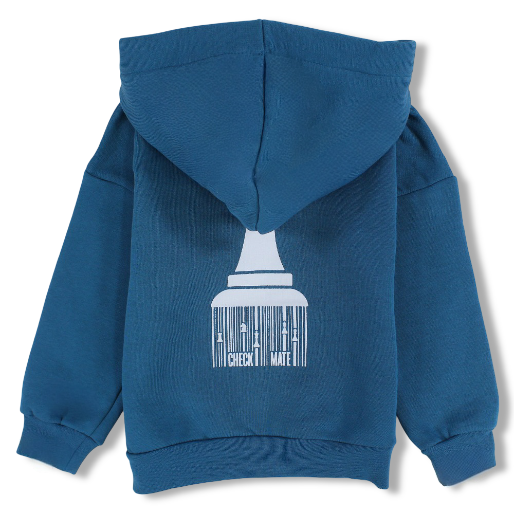 Boys Cotton Hoodie – Petroleum Blue with "Cool Kids Play Chess" Design