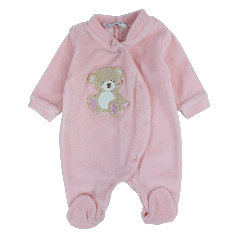 Baby Girls Velvet Baby Footie – Pink with a Bear Design
