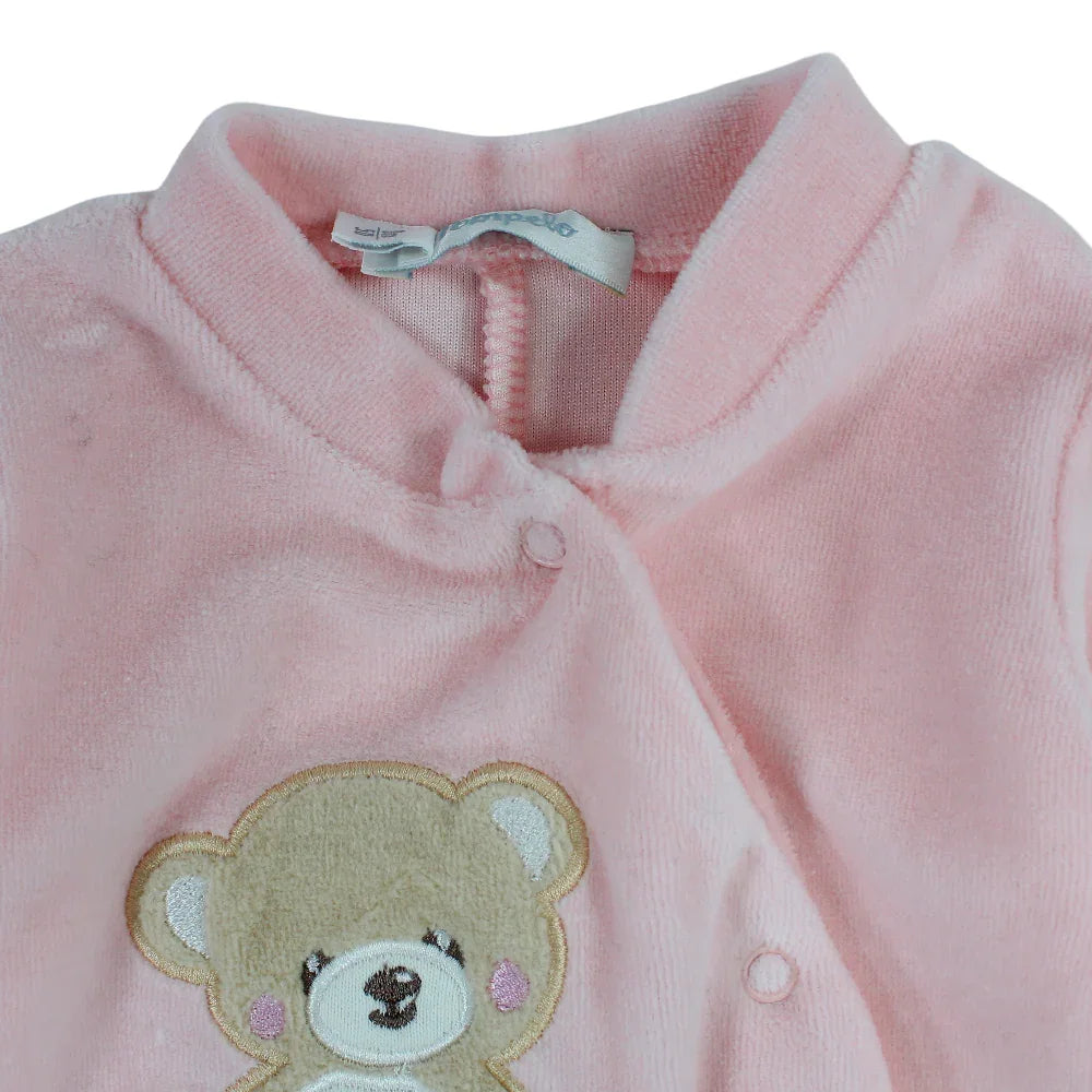 Baby Girls Velvet Baby Footie – Pink with a Bear Design