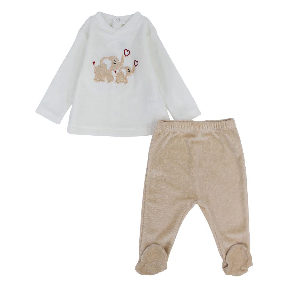 Baby Girls Velvet 2-Peice Outfit Set – Off-White/Beige with Lovely Elephants Design