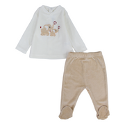 Baby Girls Velvet 2-Peice Outfit Set – Off-White/Beige with Lovely Elephants Design