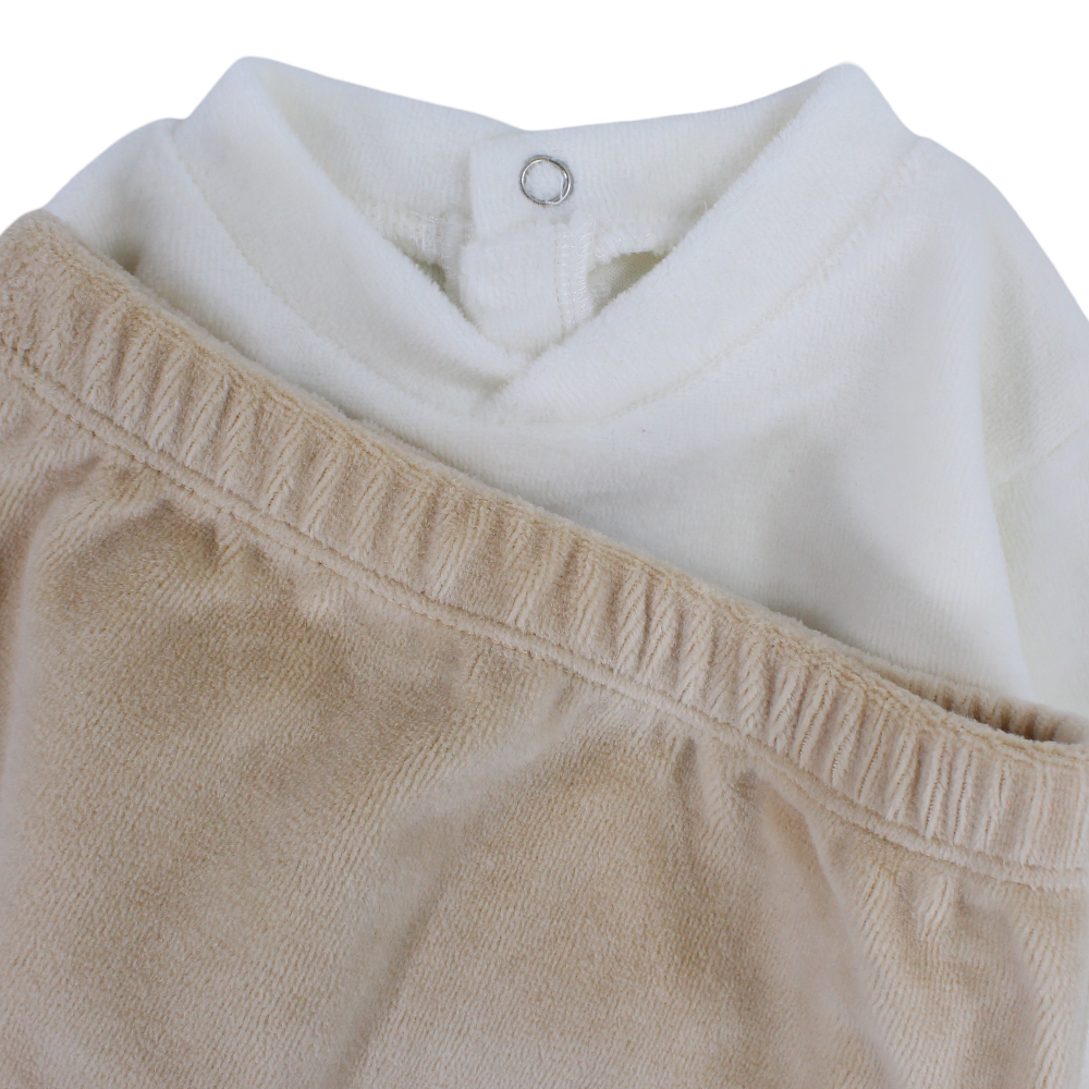 Baby Girls Velvet 2-Peice Outfit Set – Off-White/Beige with Lovely Elephants Design