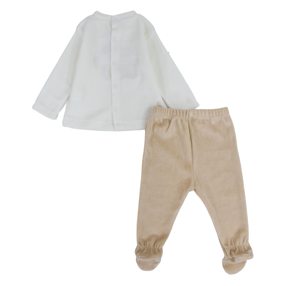 Baby Girls Velvet 2-Peice Outfit Set – Off-White/Beige with Lovely Elephants Design