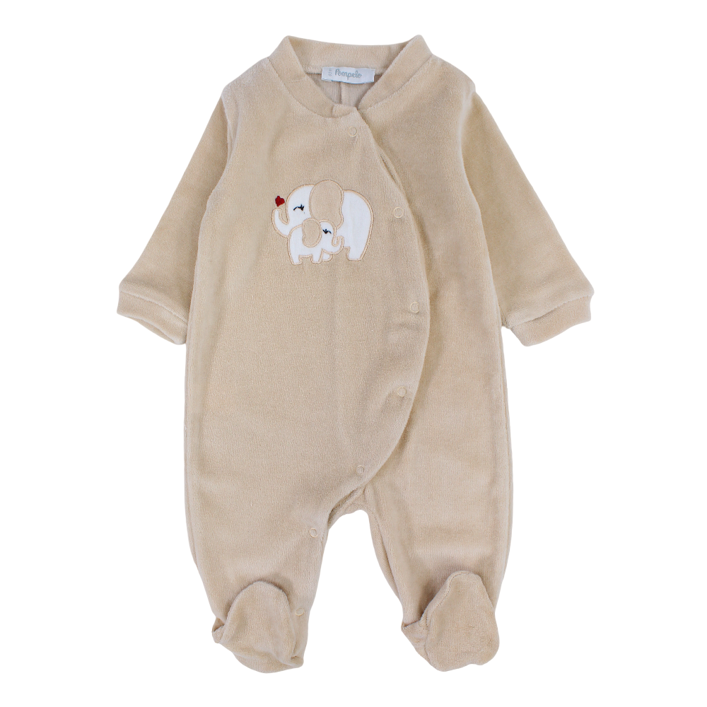 Baby Girls Velvet Baby Footie – Beige with Lovely Elephants Design