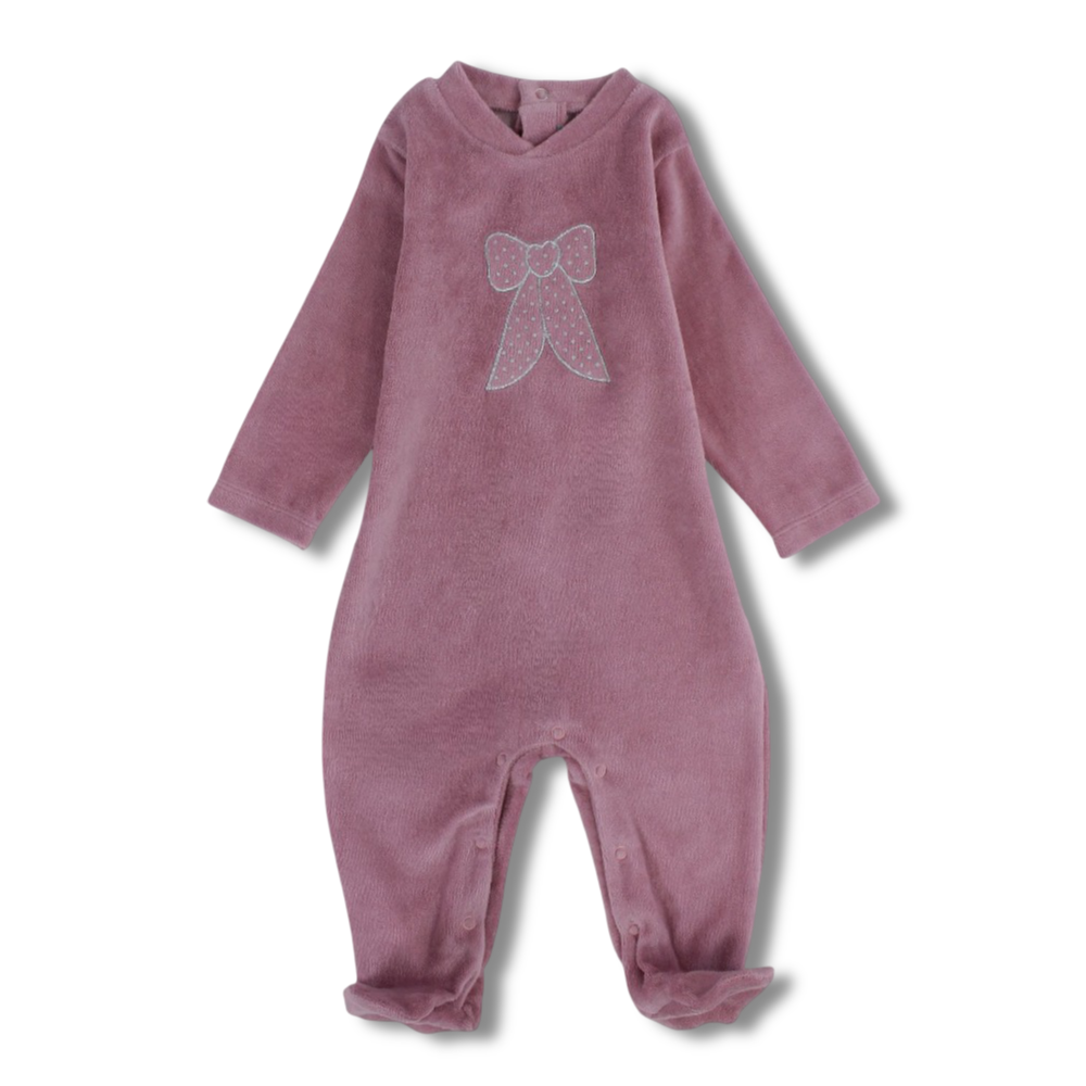 Baby Girls Velvet Baby Footie – Dusty Pink with Bow Design