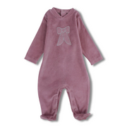 Baby Girls Velvet Baby Footie – Dusty Pink with Bow Design
