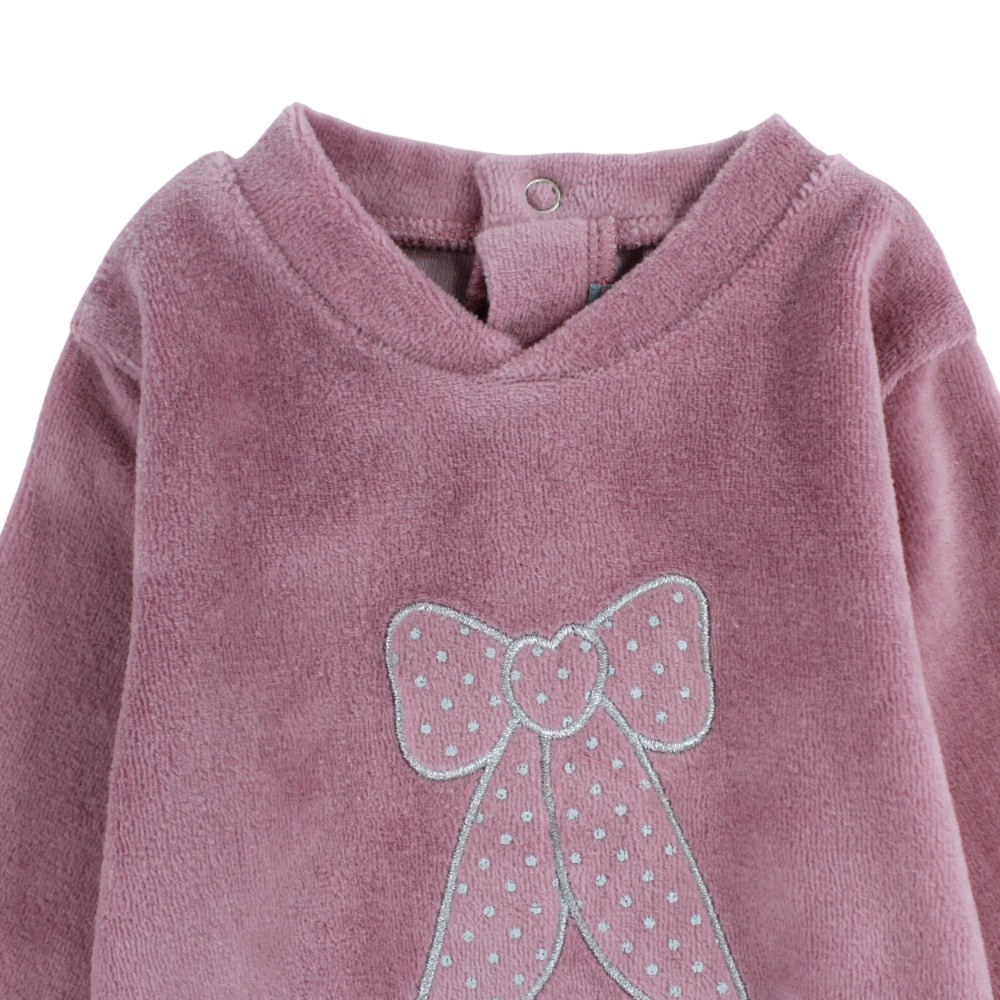 Baby Girls Velvet Baby Footie – Dusty Pink with Bow Design