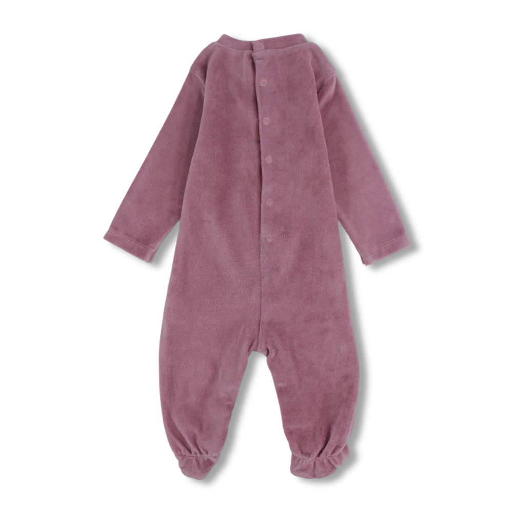Baby Girls Velvet Baby Footie – Dusty Pink with Bow Design