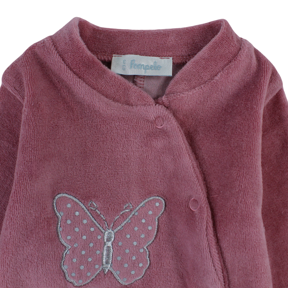 Baby Girls Velvet Baby Footie – Dusty Pink with a Butterfly Design