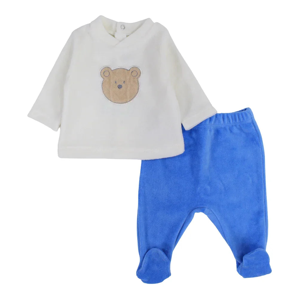 Baby Boys Velvet 2-Peice Outfit Set – Off-White/Blue with a Bear Head Design