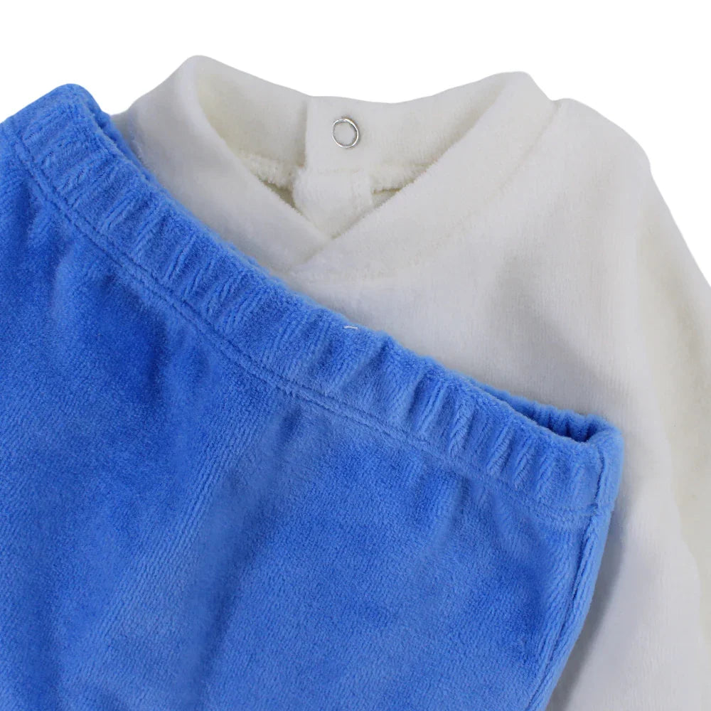 Baby Boys Velvet 2-Peice Outfit Set – Off-White/Blue with a Bear Head Design