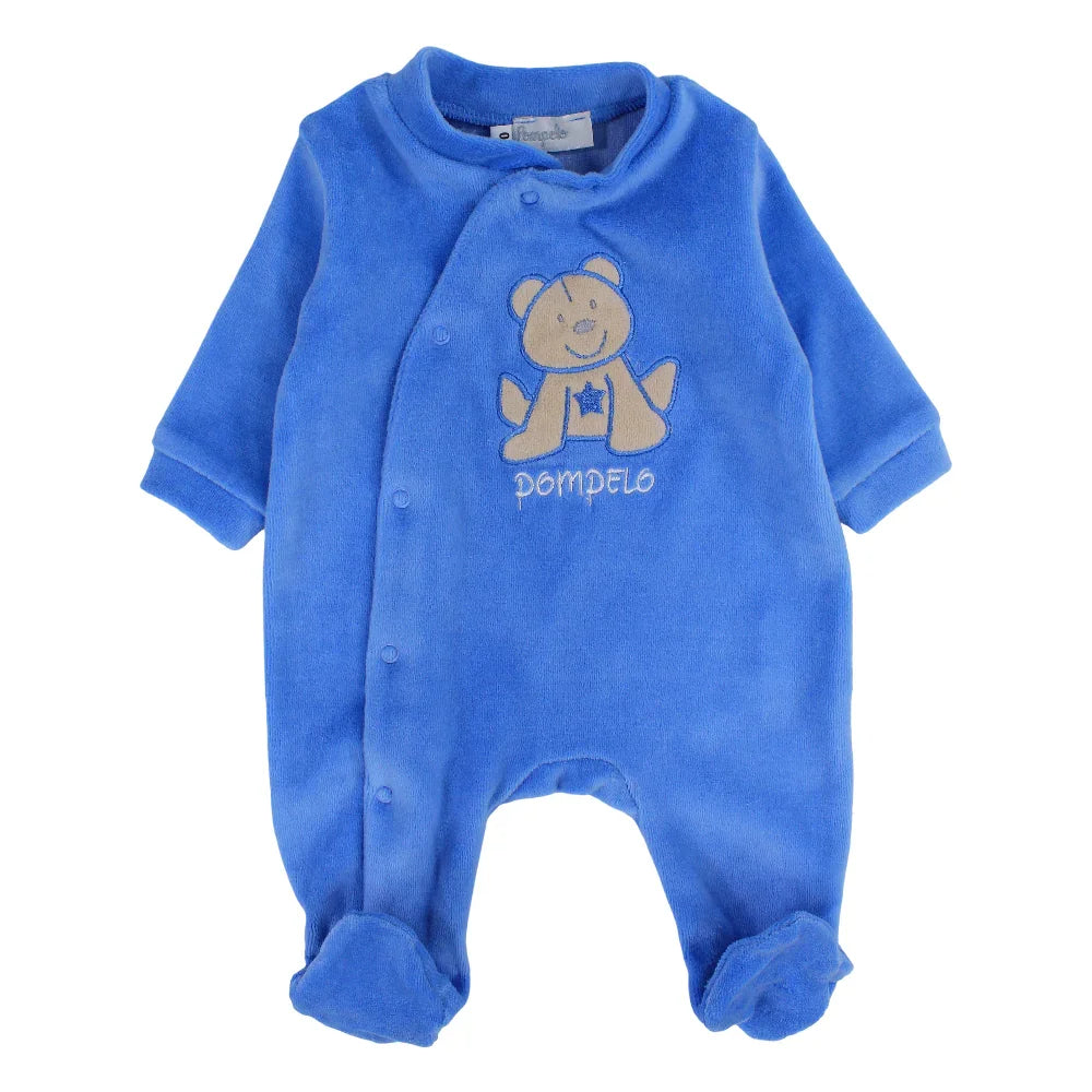 Baby Boys Velvet Baby Footie – Baby Blue with a Bear Design