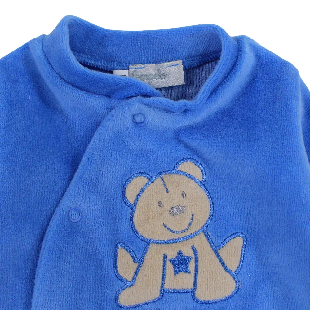 Baby Boys Velvet Baby Footie – Baby Blue with a Bear Design
