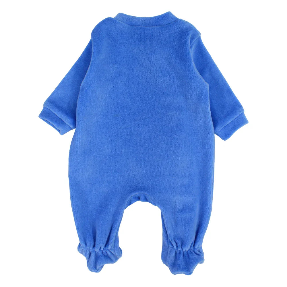 Baby Boys Velvet Baby Footie – Baby Blue with a Bear Design
