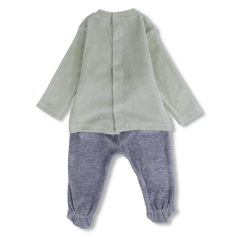 Baby Boys Velvet 2-Piece Outfit Set – Mint/Grey with Dinosaur Design