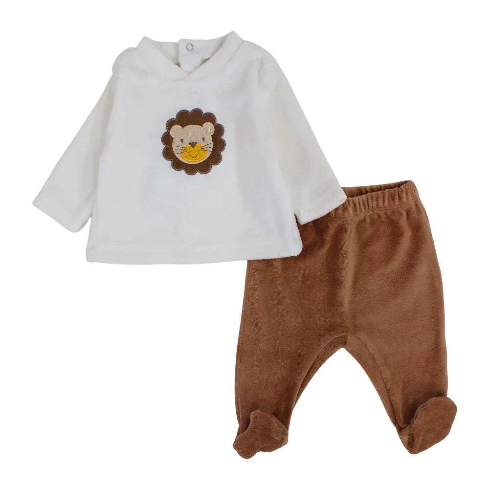 Baby Boys Velvet 2-Peice Outfit Set – Off-White/Brown with a Lion Head Design
