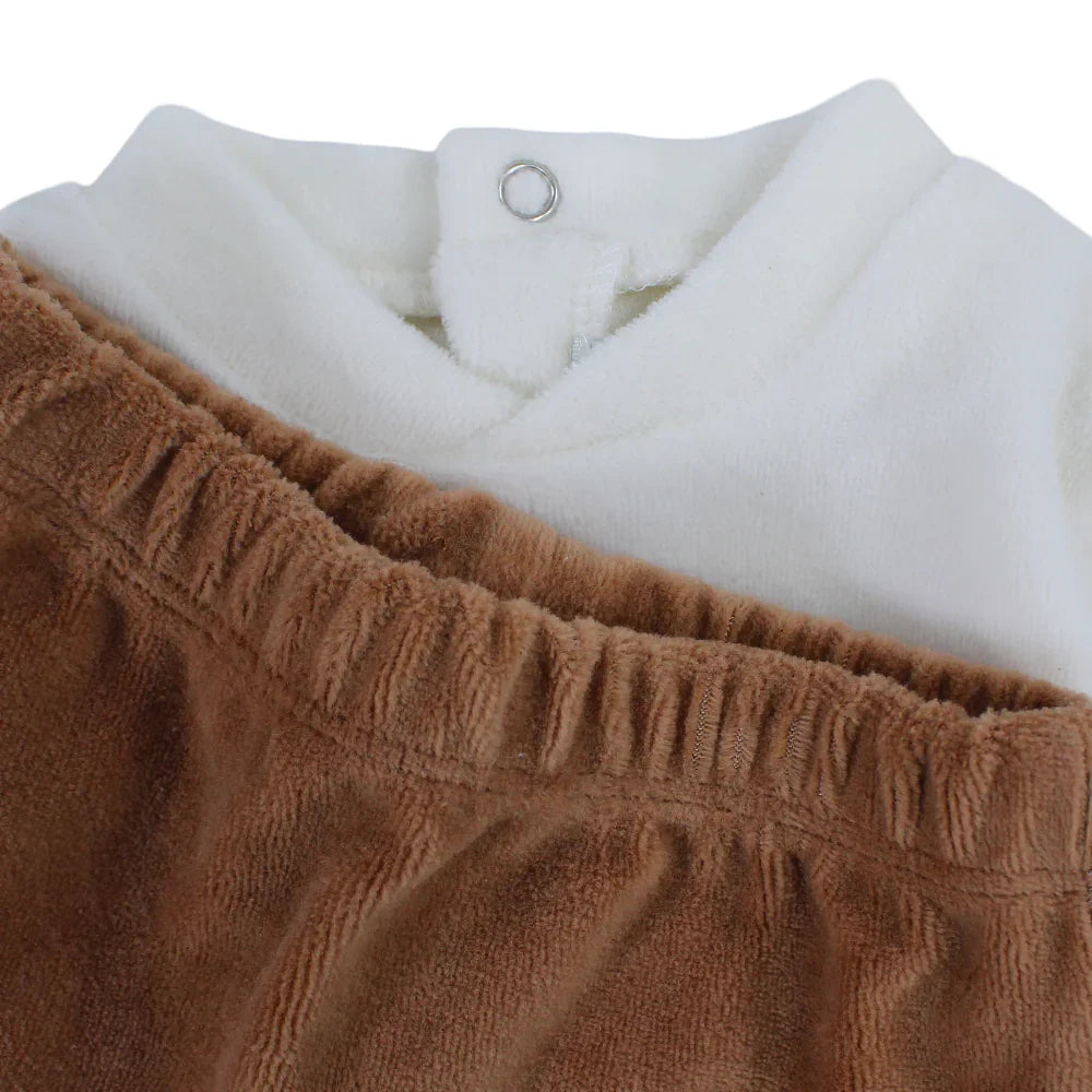 Baby Boys Velvet 2-Peice Outfit Set – Off-White/Brown with a Lion Head Design
