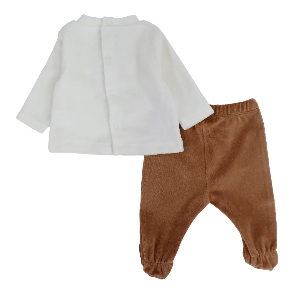 Baby Boys Velvet 2-Peice Outfit Set – Off-White/Brown with a Lion Head Design