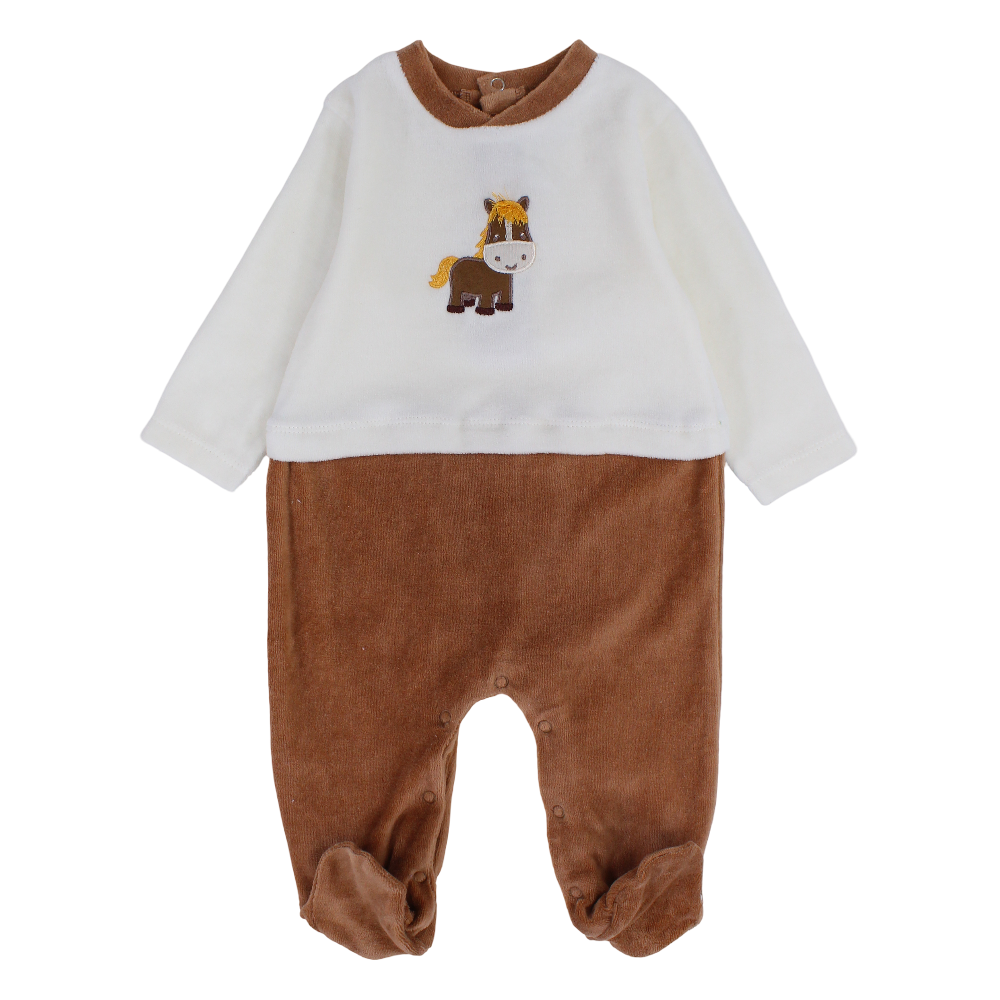 Baby Boys Velvet Baby Footie – Off-White/Brown with a Horse Design